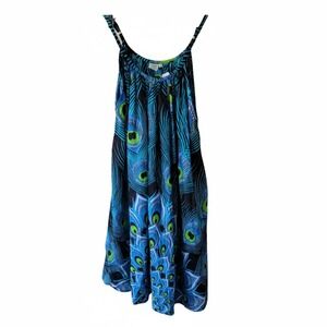 🦚 Peaceful People Peacock Hawaiian Sun Dress – Spaghetti Strap Midi Cover-Up
